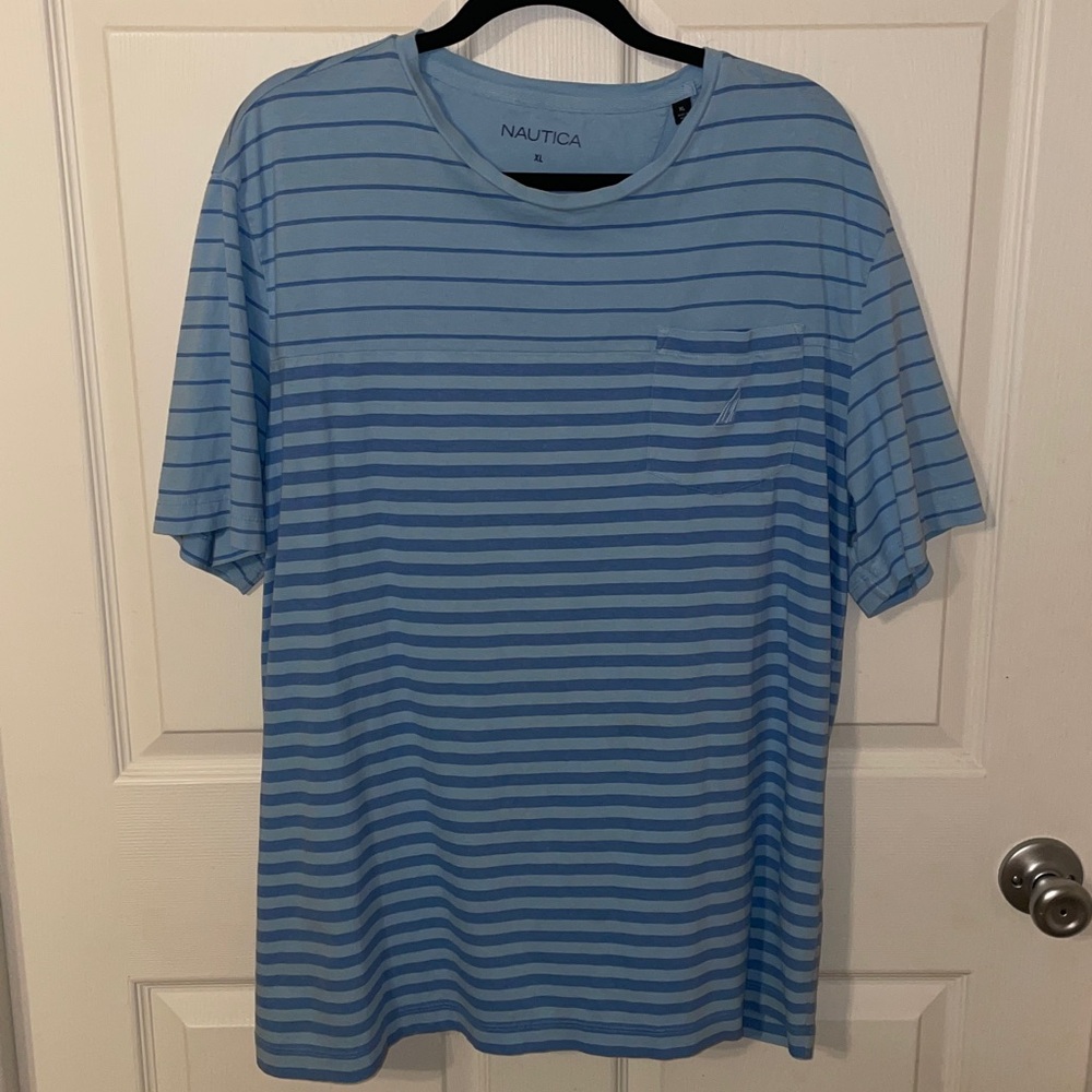 Nautica Blue Striped Short Sleeve Pocket Tee XL 🛍️
